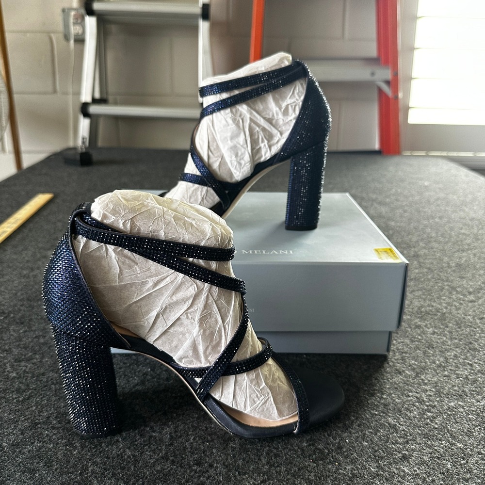 Antonio Melani Hazlyn Marine Navy Rhinestone Block Heel Sandals 8.5M